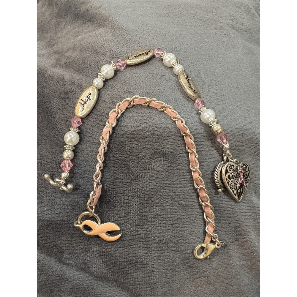 10-Avon Bracelet Set Women OS Pink Excellent Breast Cancer Awareness Heart Ribbo